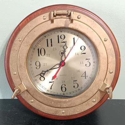 LOT 13: Bey Berk Brass Porthole Clock with Wooden Ship's Wheel Mirror & Lighthouse Wall Decor