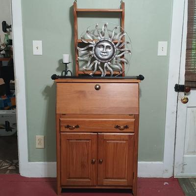 LOT 14: Rustic-Style Secretary Desk, Wood Wall Shelf, Metal Celestial Sun Wall Decor & More