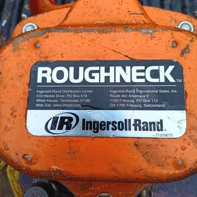 LOT 16: Ingersoll Rand Roughneck 1-Ton Chain Hoist, Johnson Hook Block, Pipe Clamps & Johnson Level