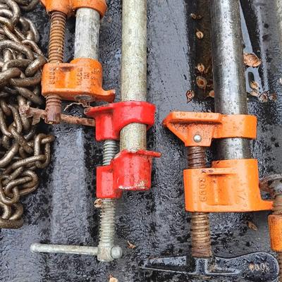 LOT 16: Ingersoll Rand Roughneck 1-Ton Chain Hoist, Johnson Hook Block, Pipe Clamps & Johnson Level