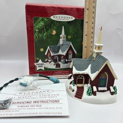 LOT 32: Hallmark Keepsake Lighted Church Ornaments, Miniature Hallmark Keepsake Ornaments, and More