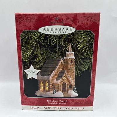 LOT 32: Hallmark Keepsake Lighted Church Ornaments, Miniature Hallmark Keepsake Ornaments, and More