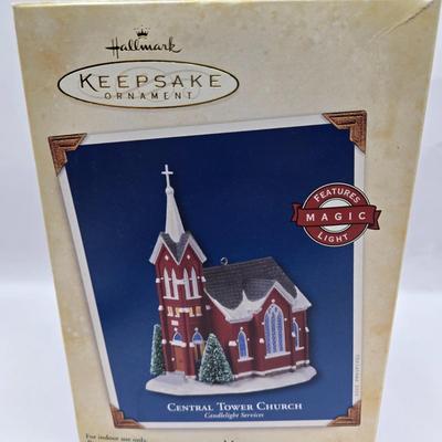 LOT 32: Hallmark Keepsake Lighted Church Ornaments, Miniature Hallmark Keepsake Ornaments, and More