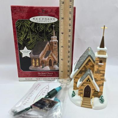 LOT 32: Hallmark Keepsake Lighted Church Ornaments, Miniature Hallmark Keepsake Ornaments, and More