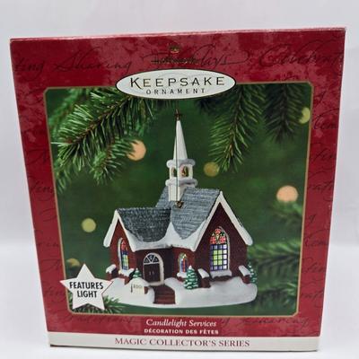 LOT 32: Hallmark Keepsake Lighted Church Ornaments, Miniature Hallmark Keepsake Ornaments, and More