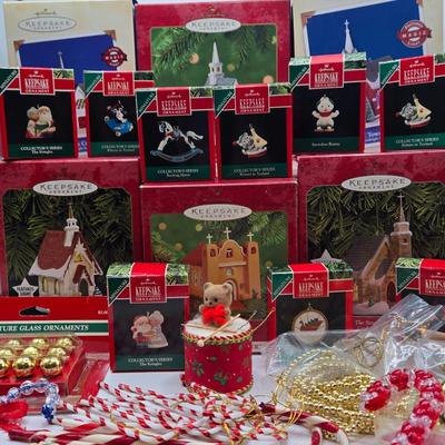 LOT 32: Hallmark Keepsake Lighted Church Ornaments, Miniature Hallmark Keepsake Ornaments, and More