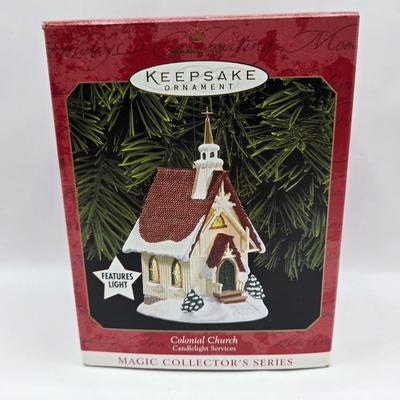 LOT 32: Hallmark Keepsake Lighted Church Ornaments, Miniature Hallmark Keepsake Ornaments, and More
