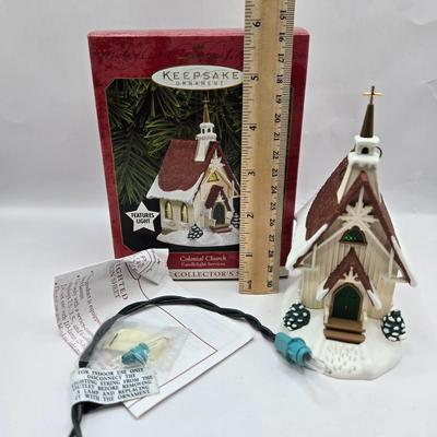 LOT 32: Hallmark Keepsake Lighted Church Ornaments, Miniature Hallmark Keepsake Ornaments, and More