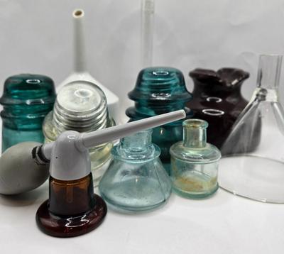 LOT 34: Vintage Ceramic Insulator, Glass Insulators, Porcelain Buchner Funnel, and More