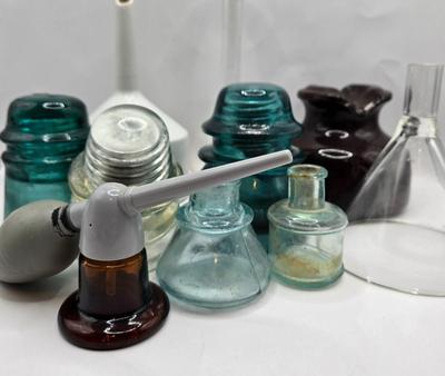 LOT 34: Vintage Ceramic Insulator, Glass Insulators, Porcelain Buchner Funnel, and More
