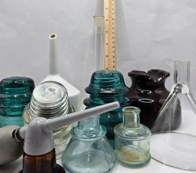 LOT 34: Vintage Ceramic Insulator, Glass Insulators, Porcelain Buchner Funnel, and More