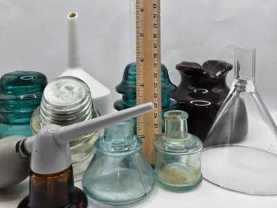 LOT 34: Vintage Ceramic Insulator, Glass Insulators, Porcelain Buchner Funnel, and More