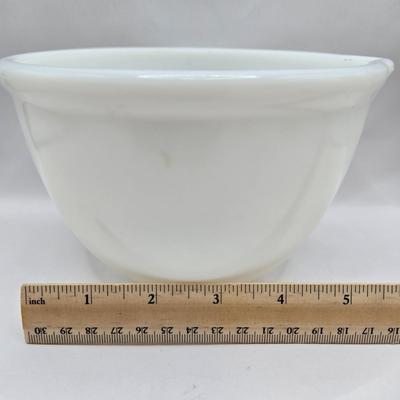 LOT 35: Milk Glass & Fire King Mixing Bowls, Glass Measuring Cup, and Candy/Deep Frying Thermometers