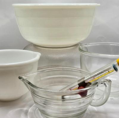LOT 35: Milk Glass & Fire King Mixing Bowls, Glass Measuring Cup, and Candy/Deep Frying Thermometers