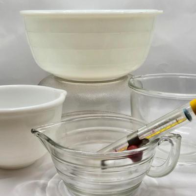 LOT 35: Milk Glass & Fire King Mixing Bowls, Glass Measuring Cup, and Candy/Deep Frying Thermometers