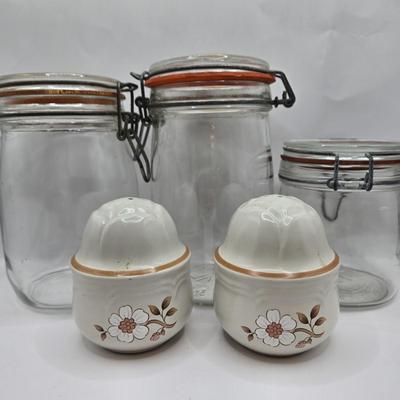 LOT 37: Kitchen Cabinet Lot Including Salt and Pepper Shakers, Vintage Coffee Pot, Coasters, Mortar and Pestle, and More