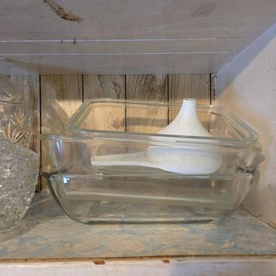 LOT 38: Kitchen Cabinet Lot: Tupperware Egg Tray, Avocado Green Napkin Holder & Salt/Pepper Shakers Strawberry Mugs, Glass Pie Pans,...
