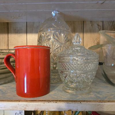 LOT 38: Kitchen Cabinet Lot: Tupperware Egg Tray, Avocado Green Napkin Holder & Salt/Pepper Shakers Strawberry Mugs, Glass Pie Pans,...
