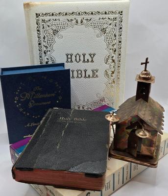 LOT 39: Limited Edition "The Millenium Ornament" by Roman, Inc., Vintage Copper/Tin Church Music Box along w/Bibles
