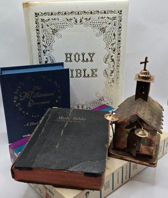 LOT 39: Limited Edition "The Millenium Ornament" by Roman, Inc., Vintage Copper/Tin Church Music Box along w/Bibles