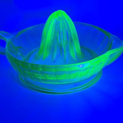 LOT 41: Vintage Uranium Glass Juicer, EO Brody Wheat Design Milk Glass Vase, Westmoreland Grape Design Milk Glass Gravy Boat