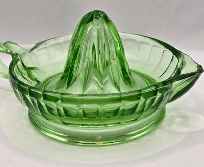 LOT 41: Vintage Uranium Glass Juicer, EO Brody Wheat Design Milk Glass Vase, Westmoreland Grape Design Milk Glass Gravy Boat