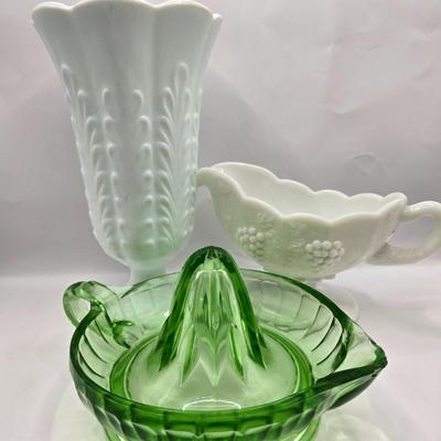 LOT 41: Vintage Uranium Glass Juicer, EO Brody Wheat Design Milk Glass Vase, Westmoreland Grape Design Milk Glass Gravy Boat
