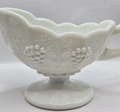 LOT 41: Vintage Uranium Glass Juicer, EO Brody Wheat Design Milk Glass Vase, Westmoreland Grape Design Milk Glass Gravy Boat