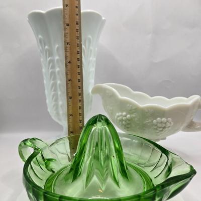 LOT 41: Vintage Uranium Glass Juicer, EO Brody Wheat Design Milk Glass Vase, Westmoreland Grape Design Milk Glass Gravy Boat