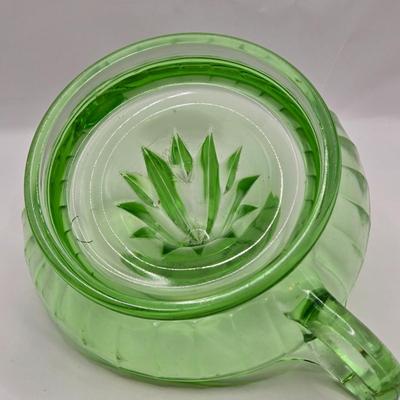 LOT 41: Vintage Uranium Glass Juicer, EO Brody Wheat Design Milk Glass Vase, Westmoreland Grape Design Milk Glass Gravy Boat