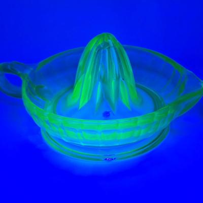 LOT 41: Vintage Uranium Glass Juicer, EO Brody Wheat Design Milk Glass Vase, Westmoreland Grape Design Milk Glass Gravy Boat