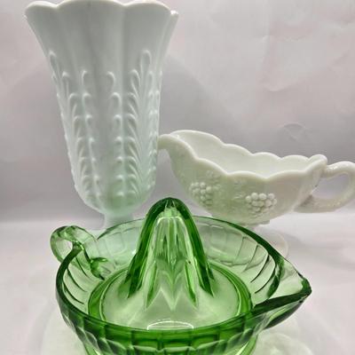 LOT 41: Vintage Uranium Glass Juicer, EO Brody Wheat Design Milk Glass Vase, Westmoreland Grape Design Milk Glass Gravy Boat
