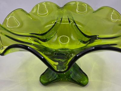 LOT 44: Beautiful Green Scalloped Edged Bowl, Amber Colored Stemmed Glasses and Cordial Glasses
