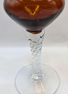 LOT 44: Beautiful Green Scalloped Edged Bowl, Amber Colored Stemmed Glasses and Cordial Glasses