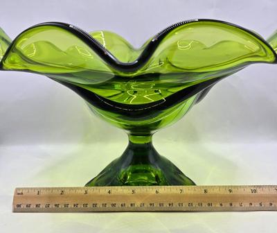 LOT 44: Beautiful Green Scalloped Edged Bowl, Amber Colored Stemmed Glasses and Cordial Glasses