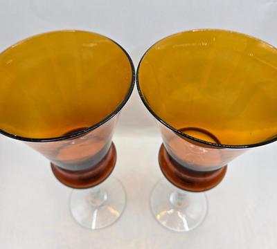 LOT 44: Beautiful Green Scalloped Edged Bowl, Amber Colored Stemmed Glasses and Cordial Glasses