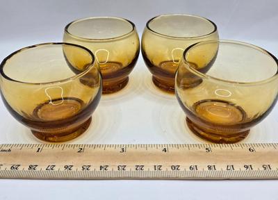 LOT 44: Beautiful Green Scalloped Edged Bowl, Amber Colored Stemmed Glasses and Cordial Glasses