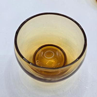 LOT 44: Beautiful Green Scalloped Edged Bowl, Amber Colored Stemmed Glasses and Cordial Glasses