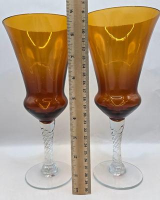 LOT 44: Beautiful Green Scalloped Edged Bowl, Amber Colored Stemmed Glasses and Cordial Glasses