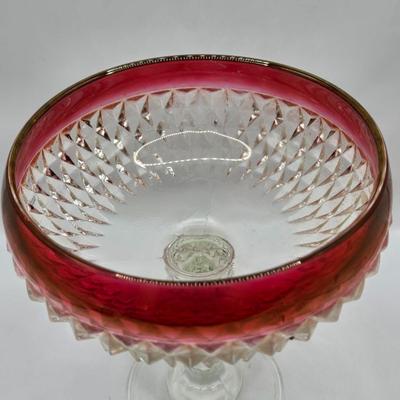 LOT 45: Vintage Ruby Red & Clear Glass Diamond Point Compote Dish, EO Brody Embossed Oak Leaf Vase, Amber Liberty Bell Mug, Glass Pig...