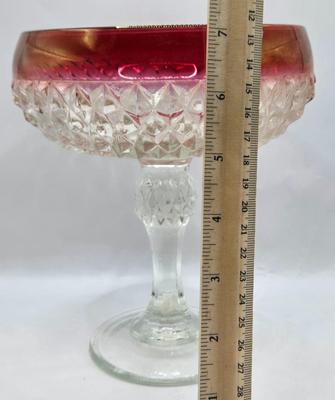 LOT 45: Vintage Ruby Red & Clear Glass Diamond Point Compote Dish, EO Brody Embossed Oak Leaf Vase, Amber Liberty Bell Mug, Glass Pig...