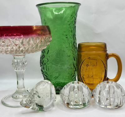 LOT 45: Vintage Ruby Red & Clear Glass Diamond Point Compote Dish, EO Brody Embossed Oak Leaf Vase, Amber Liberty Bell Mug, Glass Pig...