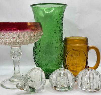LOT 45: Vintage Ruby Red & Clear Glass Diamond Point Compote Dish, EO Brody Embossed Oak Leaf Vase, Amber Liberty Bell Mug, Glass Pig...