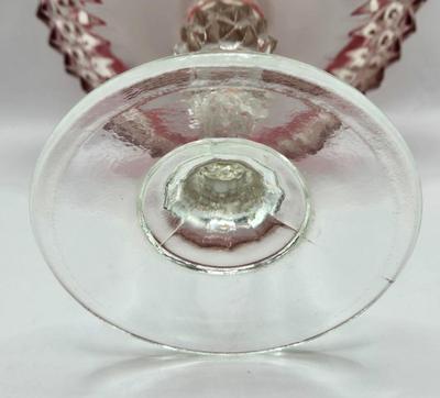 LOT 45: Vintage Ruby Red & Clear Glass Diamond Point Compote Dish, EO Brody Embossed Oak Leaf Vase, Amber Liberty Bell Mug, Glass Pig...
