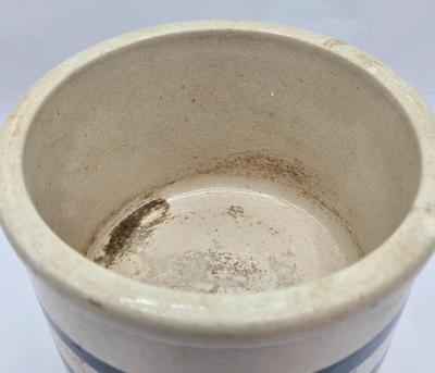 LOT 46: Vintage Robinson Ransbottom, Roseville Ohio 1qt. Blue Stripped Crock/Jar along with a Brown Glazed Crock