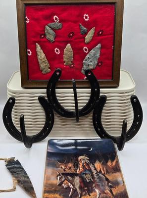 LOT 47: Framed Arrowheads, Horseshoe Coat Rack. Franklin Mint Moonlight Watch Numbered Plate, and Large Arrowhead
