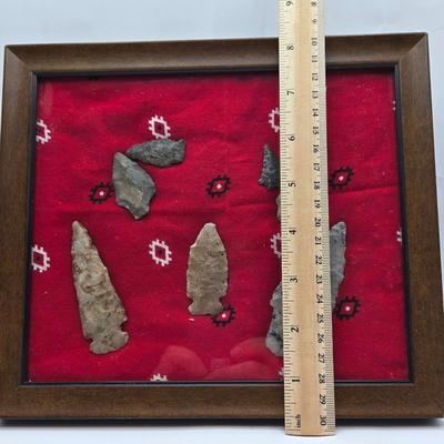 LOT 47: Framed Arrowheads, Horseshoe Coat Rack. Franklin Mint Moonlight Watch Numbered Plate, and Large Arrowhead