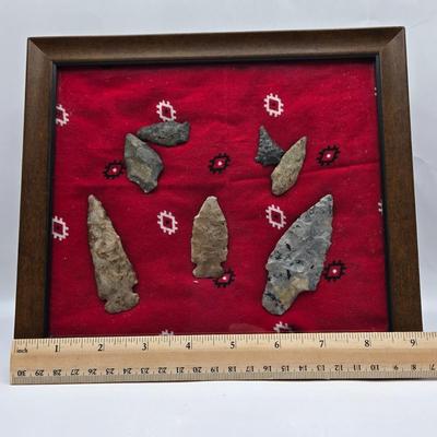 LOT 47: Framed Arrowheads, Horseshoe Coat Rack. Franklin Mint Moonlight Watch Numbered Plate, and Large Arrowhead