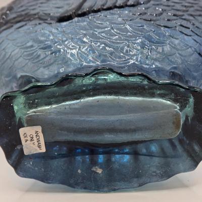 LOT 48: 3 Shades of Blue/ Fish Vase, Recycled Glass Vase, and Glass Barrel Vase