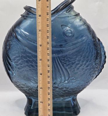 LOT 48: 3 Shades of Blue/ Fish Vase, Recycled Glass Vase, and Glass Barrel Vase